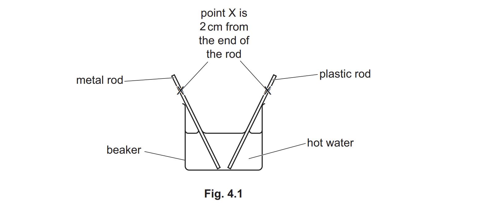 <p>Describe how the temperature of point X on each rod changes after the rods are placed in the beaker. Explain your answer.</p>