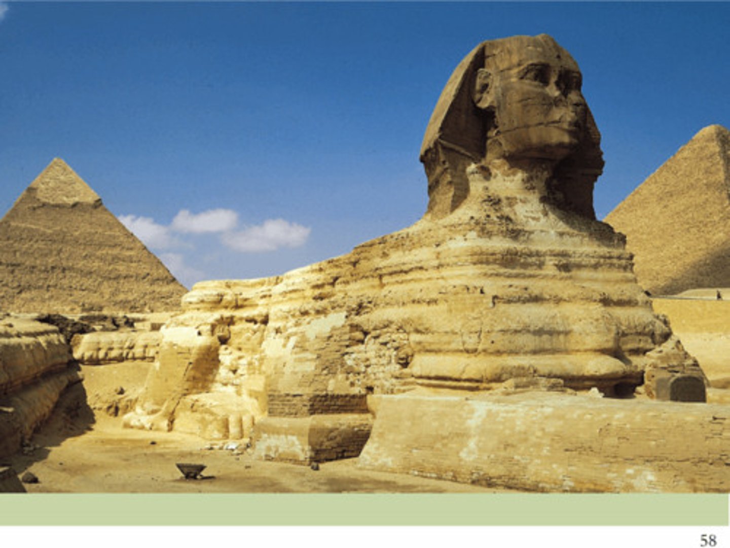 <p>Egyptian; 2520 BCE</p><p>faces due east towards rising sun</p><p>eternal offerings to Ra</p><p>Symbols= size, lion's body (their art often depicts them hunting lions, so his head on top of a lion's body is a THING), it was the first colossal statue.</p>
