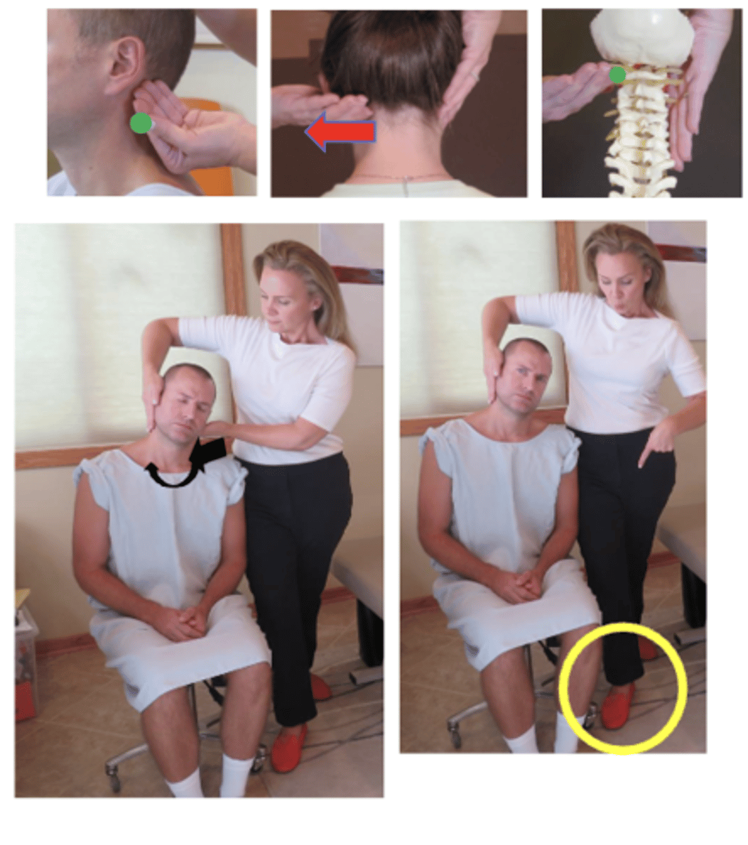 <p>• PP: Seated in a chair with a back, permission to contact the neck, identify how you found the segment</p><p>• DP: Stand behind patient, side of contact, doctor has leg OPPOSITE of contact hand forward, tissue slack M-L</p><p>• CH: Proximal ventral surface of index of the hand corresponding to the side of segmental contact, on posterior aspect of ATLAS TP, palm up, wrist straight, remaining fingers cup lower occiput</p><p>• IH: Indifferent hand #1, elbow up and forearm pointing down, fingers pointing down, stabilize opposite occiput and cheek</p><p>• Vec: P-A w/clockwise rotation (or counterclockwise depending on the listing)</p>