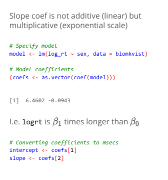 <p>12)do linear regresion model from before</p><p>13)make a model out of the coeffiecnts collected from the model made just before</p><p>14)convert the coefficients back into the orignial data format whihc in this example is&nbsp;“msecs“(=milliseconds of reaction time)</p><p></p><p>→this also splits them by sex because female is = 0 and male =1***</p>
