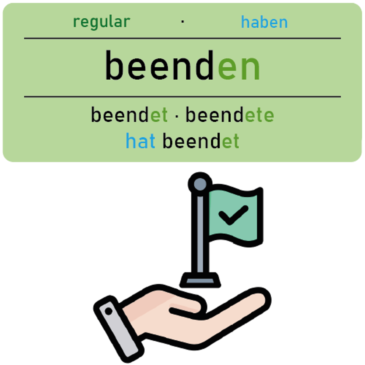<p><strong>beenden</strong></p><p><em>(Akk., mit+D)</em></p><p>‎ </p><p>Du musst deine Ausbildung auf jeden Fall <u>beenden</u>.</p><p><em>(You must definitely finish your training.)</em></p>