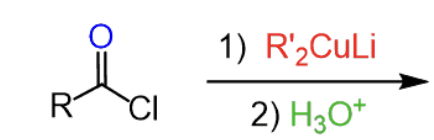 <p>Acyl chloride + R₂CuLi (Gilman reagent)→ ?</p>
