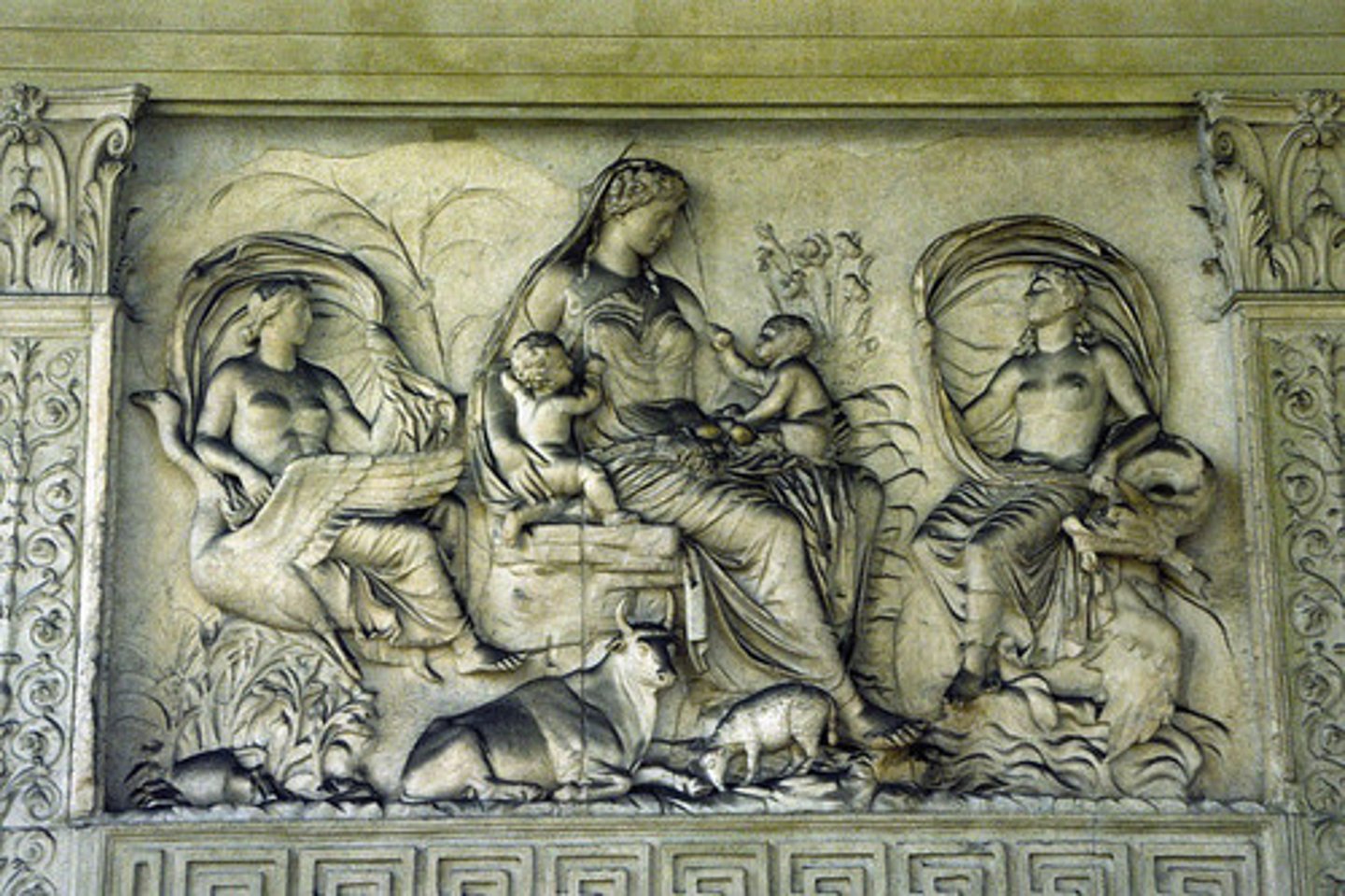 <p>sculptural relief in which the modeled forms project from the background by at least half their depth; also called "high relief"</p>