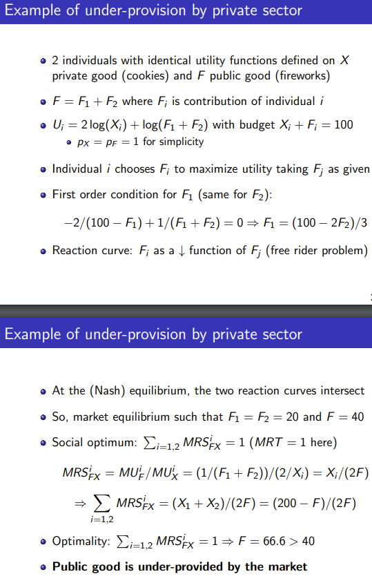 <p>Individuals maximise F<sub>i </sub>(their contribution towards the public good)</p><p>This gives us a FOC that is downward sloping and negatively related to the other person’s contribution (i.e. if they contribute more, you contribute less)</p><p>Each person tries to benefit from the other's contribution without paying more themselves which leads to under provision</p><p>The reaction curves intersect at equilibrium and give the sum of MRS=MRT where MRT=1 in this case</p><p>Rearranging for F at the optimality point gives us F=66.6 which is less than the private provision so it is underprovided</p>