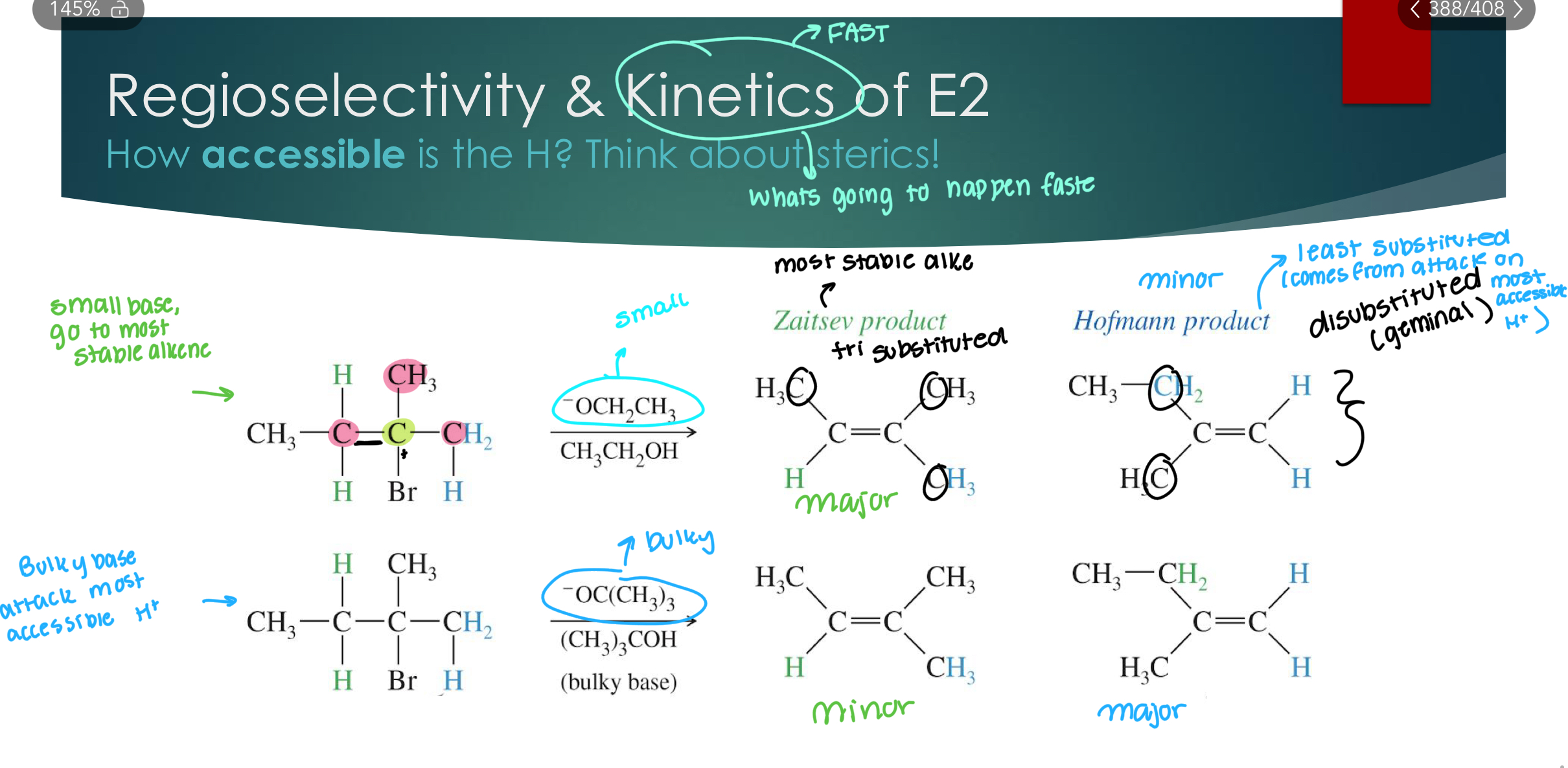 <p>Recall: A reaction is regioselective if bond formation is preferred at one atom over other possible</p><p>atoms</p><p>SN2: Substitution only occurs at C attached to the LG: NOT regioselective (only one possibility) </p><p>Sn1: Substitution can occur wherever there is a C+ : Yes! When rearrangement occurs: regioselective for most stable C+. </p><p>E1: Elimination can occur at any acidic (adjacent) H to a C+: Yes! When rearrangement occurs: regioselective for most stable C+. 2nd is choosing H+ that makes the most stable alkene. </p><p>E2: Elimination can occur at any H anti-coplanar to the LG: Yes! when there are anti-coplanar hydrogens…&nbsp;</p><p></p>