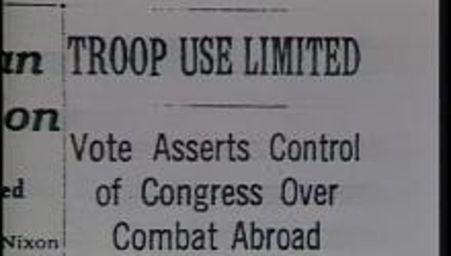 <p>President has to notify Congress within 48 hours of deploying troops; has to gain approval of Congress to stay longer than 90 days; designed to limit the power of the President as Commander in Chief</p>