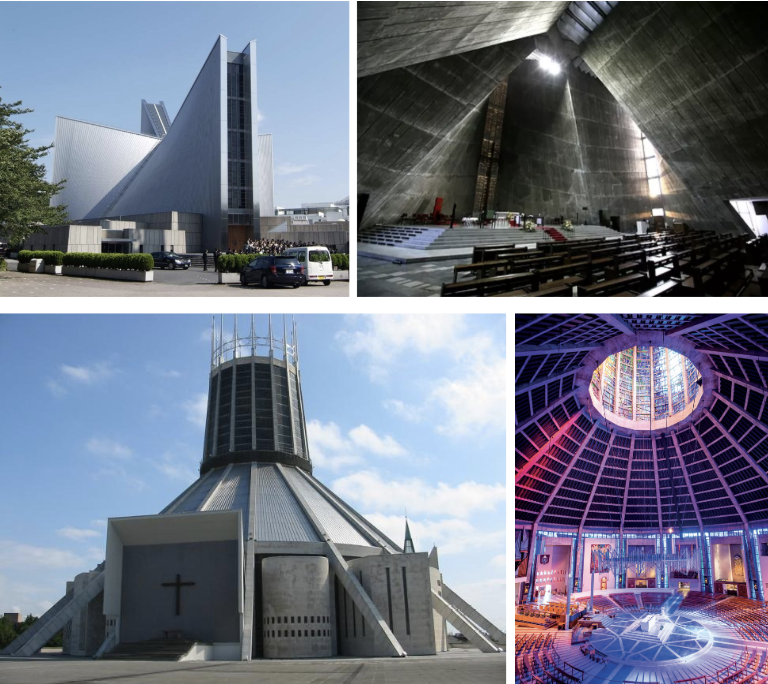 <ul><li><p>uses new forms to emphasize the soaring &amp; dynamic structure</p></li><li><p><strong>St. Mary’s Cathedral by Kenzo Tange</strong></p></li><li><p><strong>Liverpool Metropolitan Cathedral by Frederick Gibberd</strong></p></li></ul><p></p>