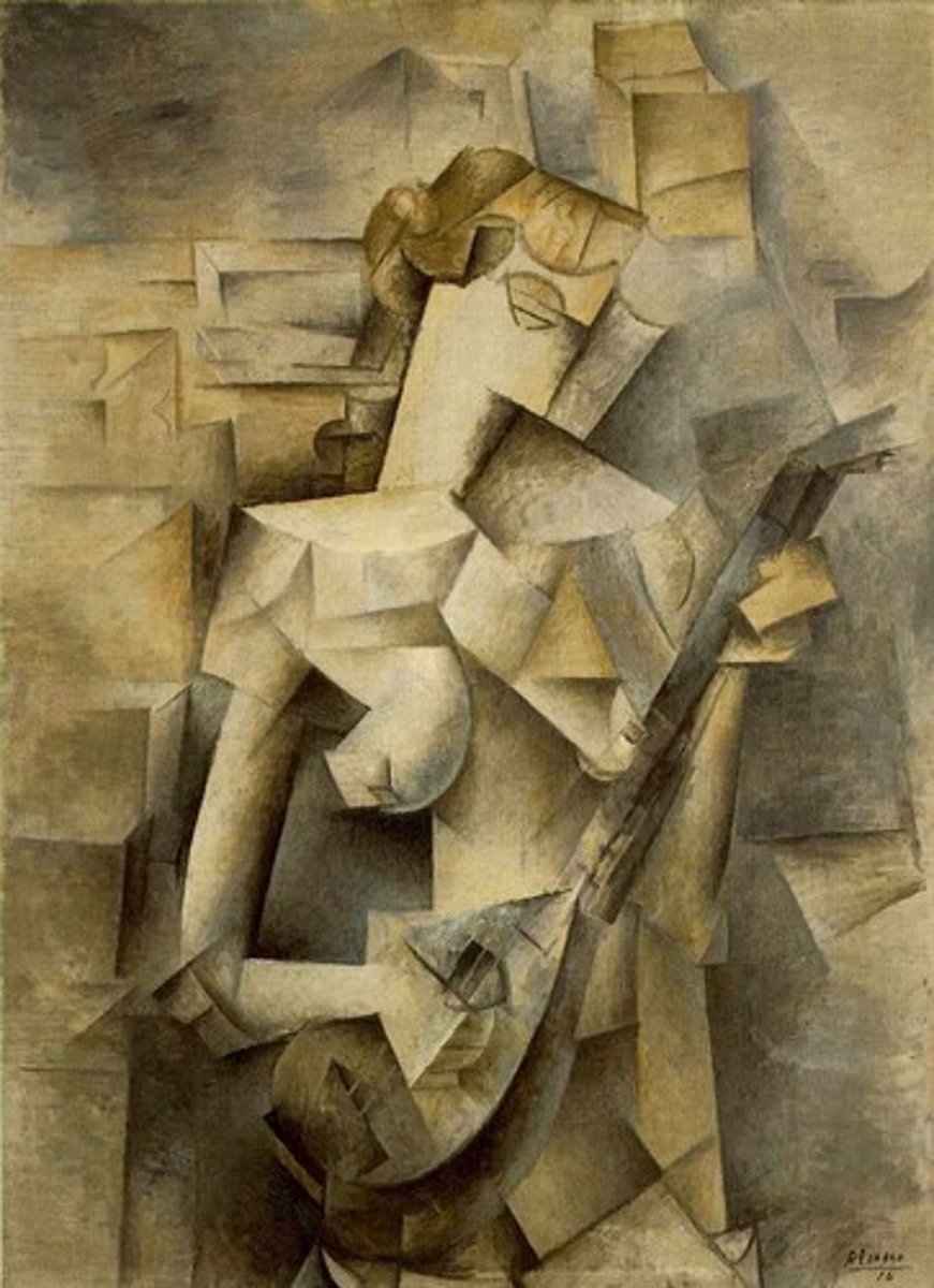 <p>An example of Analytic Cubism, this painting breaks the figure into overlapping planes using a muted color palette.</p>