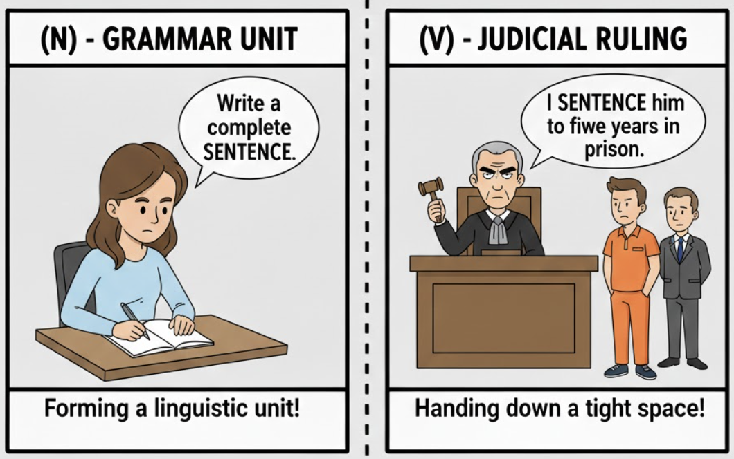 <ol><li><p> </p></li></ol><p>Một câu văn hoàn chỉnh.</p><ol start="2"><li><p></p></li></ol><p>Bản án, sự tuyên án (trong pháp luật).</p><p><strong>Dạng liên quan:</strong></p><ul><li><p><strong>Sentencing</strong> (Danh từ: Việc tuyên án)</p></li><li><p><strong>Sentenced</strong> (Đã bị tuyên án)</p></li></ul><p></p>