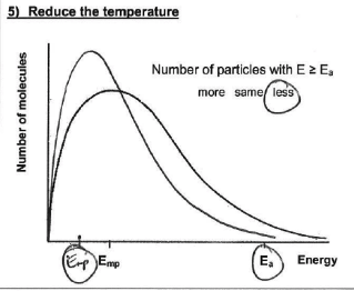 <ul><li><p>curve shifts left and peak gets higher (area stays the same as total no. of molecules is =)</p></li><li><p>because a fewer proportion of molecules have at least the E<sub>A</sub> and are able to react</p></li></ul><p></p>