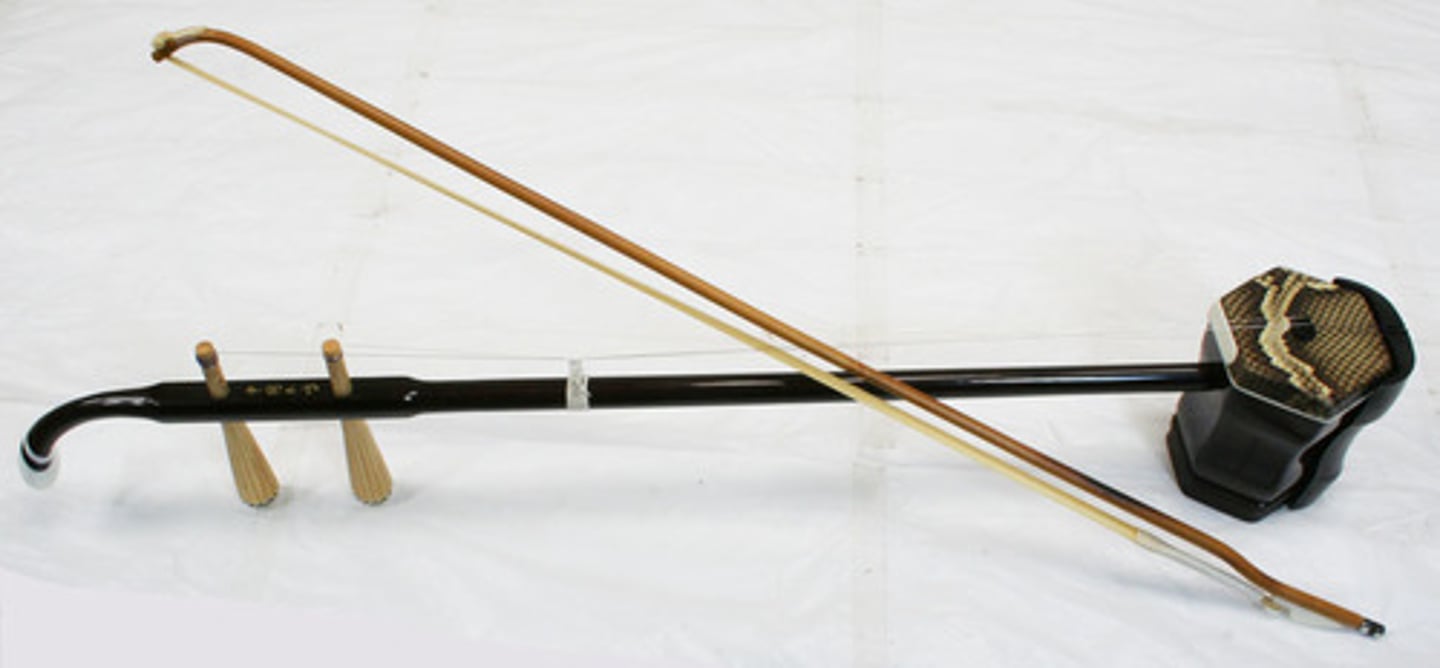 <p>Bowed, two-string fiddle from China, with its bow hairs fixed between the strings; rests on the leg while playing.</p>