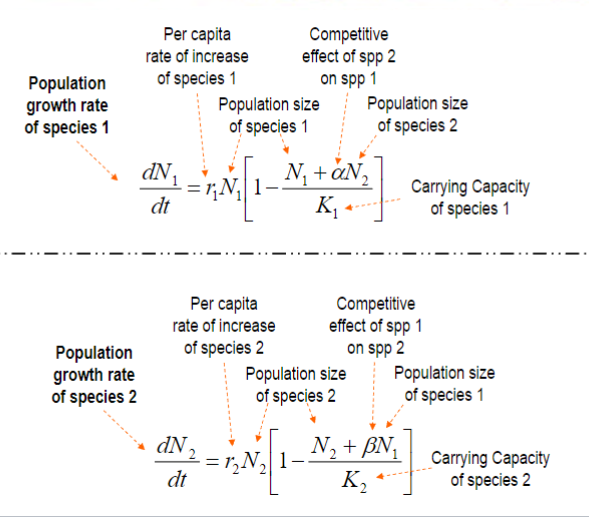 <p>1 = spp. 1</p><p>2 = spp. 2</p><p>r = intrinsic rate of increase (i.e. how fast the population can grow)</p><p>N = population size</p><p>K = carrying capacity</p><p>t = time</p><p>α = competitive effect of spp. 2 on 1 (degree to which individuals of spp. 1 use the resources of individuals of spp. 2)</p><p>beta = competitive effect of spp. 1 on 2 (degree to which individuals of spp. 2 use the resources of individuals of spp. 1)</p>