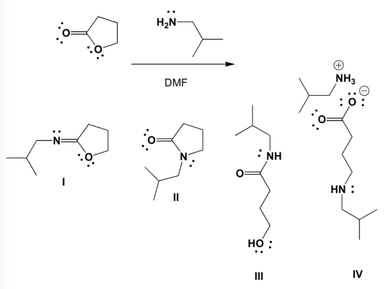 <p>Butyrolactone reacts with 2-methylpropan-1-amine in DMF (dimethylformamide). Which is the major product? </p>