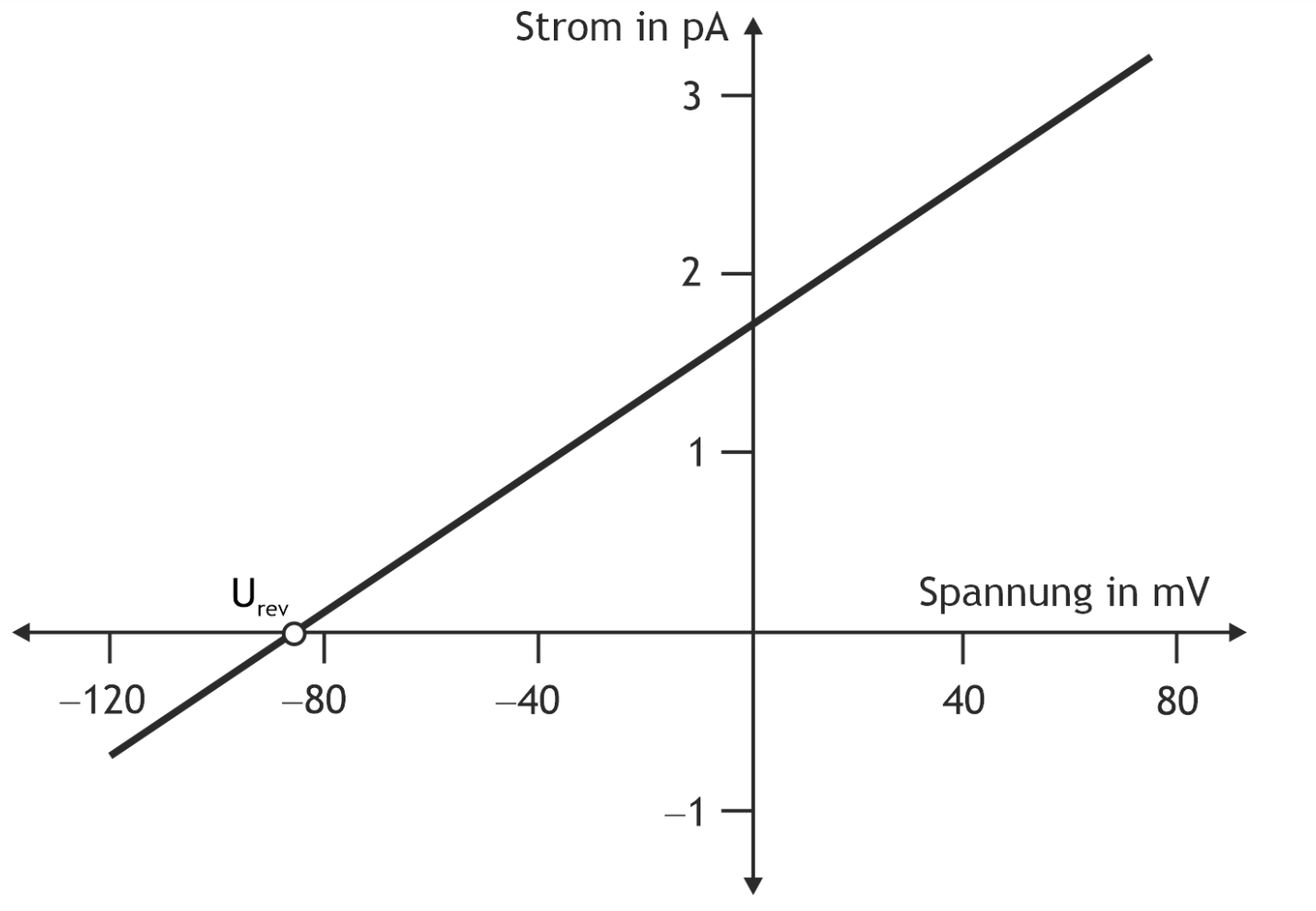 <p>11. The current flowing through an ion channel is determined by the potential difference between the inside and outside of the cell, the conductance, and the open probability of the channel.</p><p>Which statement about the shown current-voltage characteristic of a cation channel is correct?</p><p>A. The channel has a variable resistance.</p><p>B. At a potential of –120 mV, the outward current of cations predominates.</p><p>C. The equilibrium potential of the cations of this channel lies between –80 and –100 mV.</p><p>D. The channel has a rectifying function.</p><p>E. As the potential becomes more positive, the channel current increases exponentially.</p>