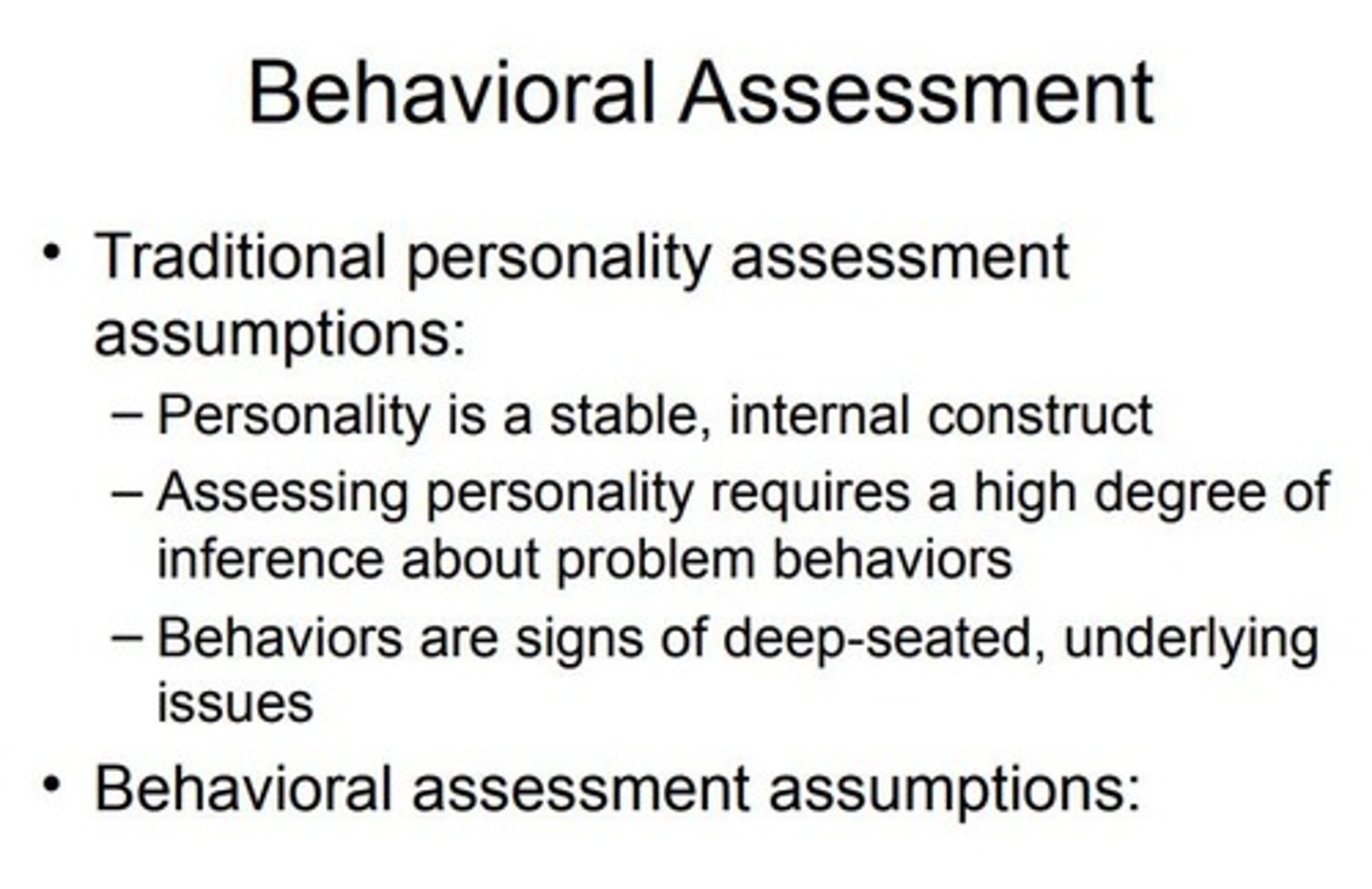 <p>Traditional Assumptions:</p><p>Personality is a stable, internal construct.</p><p>Assessment requires inference.</p><p>Behaviors are signs of deeper issues or DSM diagnoses.</p><p>Behavioral Assessment Perspective:</p><p>Client behaviors are the problems, not signs of underlying issues.</p><p>Focus on direct measurement, e.g., observing behavior in context.</p><p>Rejects notion of internal disorders causing behaviors.</p><p>Argues external, situational factors shape behavior.</p><p>Features:</p><p>Empirical approach.</p><p>Emphasizes behavior-environment interactions.</p><p>Diagnoses behavior problems, not clients.</p><p>Behavioral assessment offers a contrasting perspective to traditional assessment methods by focusing directly on the problematic behaviors and their situational causes.</p>