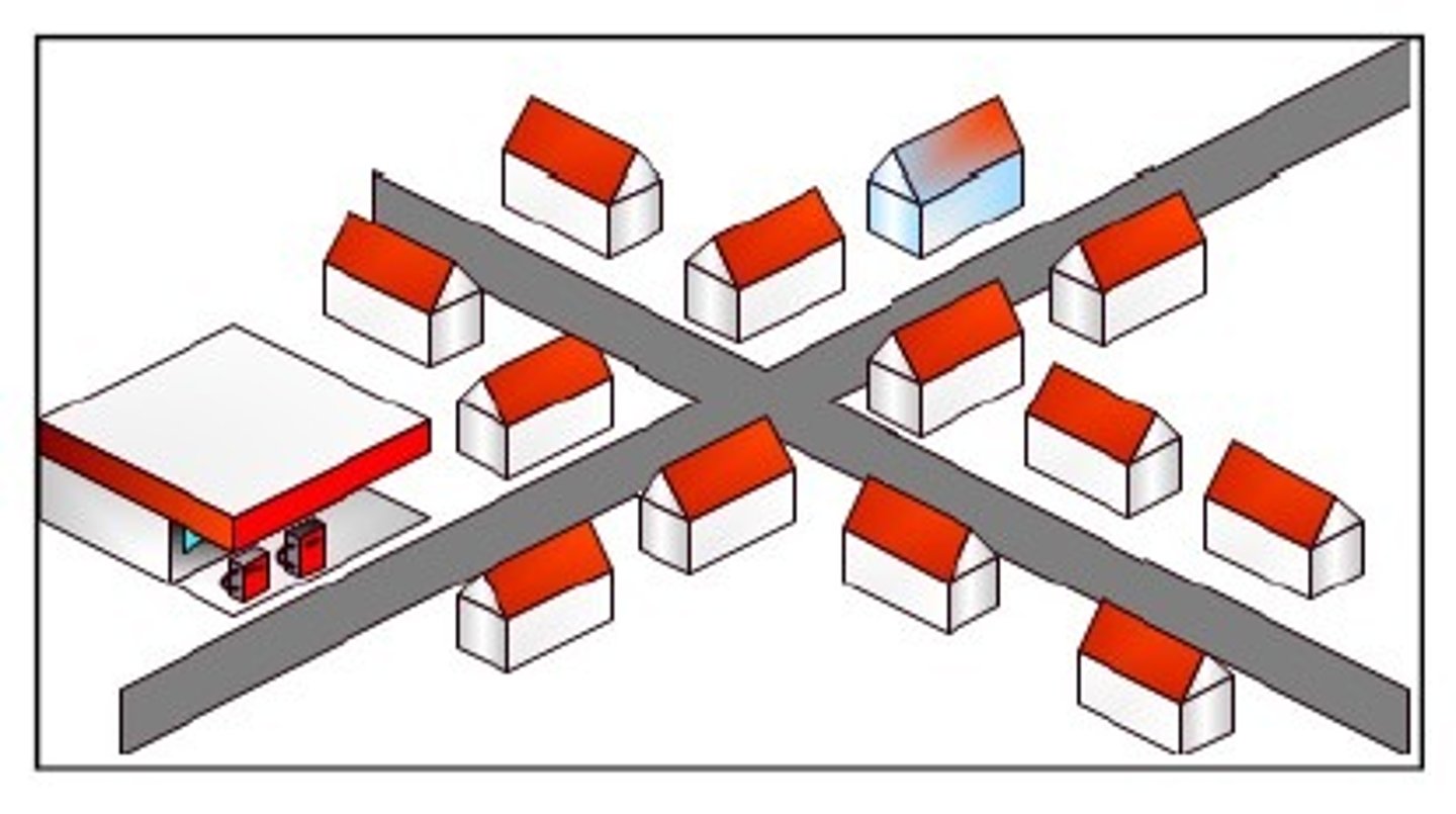 <p>arranged in a group or concentrated area, a neighborhood, also nucleated</p>