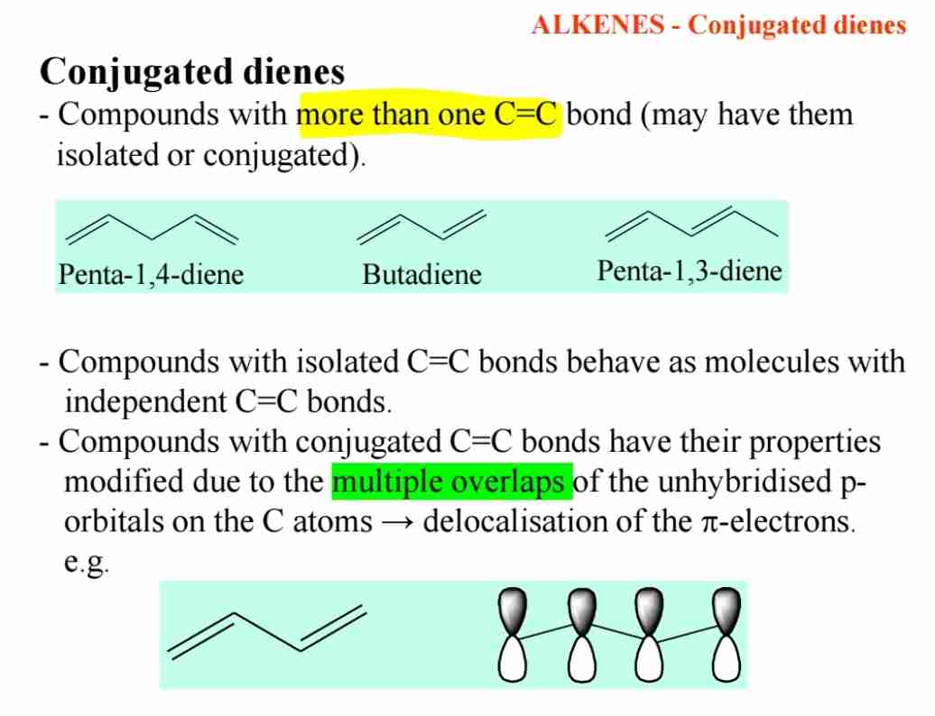 <p>A:Conjugated dienes are compounds with two C=C bonds that are separated by a single bond, allowing for delocalization of π electrons.</p>