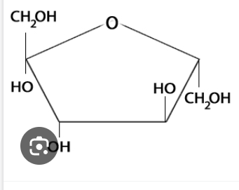 <p>Has central ring of 4 carbons with one oxygen atom, and CH2OH at carbons 1 and 6.</p><p>Structural isomer of glucose</p>