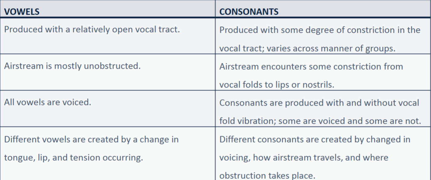 <ul><li><p>Produced with a relatively open vocal tract</p></li><li><p>Airstream is mostly unobstructed.</p></li><li><p>All vowels are voiced.</p></li><li><p>Different vowels are created by a change in tongue, lip, and tension occurring.</p></li><li><p>Classified by:</p><p>1. Tongue Height</p><p>2. Tongue Advancement (Frontness)</p><p>3. Tension</p><p>4. Roundedness</p></li><li><p>Sounds are acoustically most intense.</p></li><li><p>Functions as a syllable nucleus of the rime</p></li></ul><p></p>