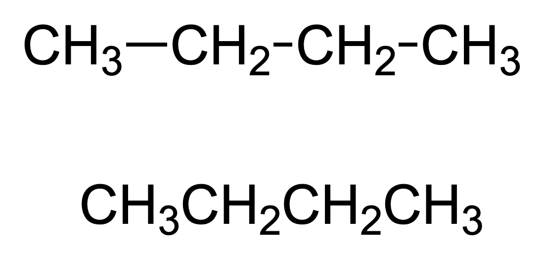 <p>Often omits bonds where they can be assumed, and groups atoms together.</p>