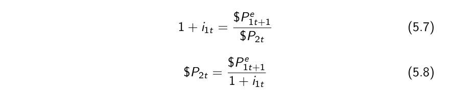 <p>Two bonds must offer the same expected one-year return, which means that the price of a two-year bond today is the present value of the expected price of the bond next year.</p>