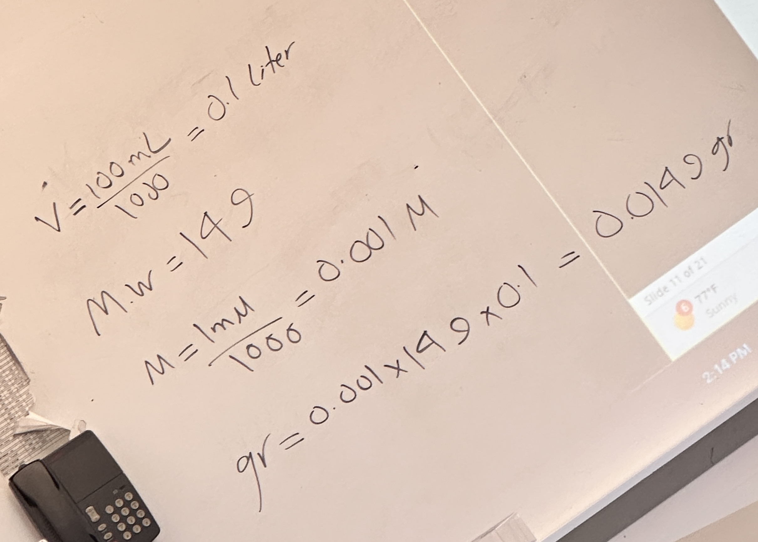 <ul><li><p>Solute(gr) = M.W.(Molecular Weight)  M(Molar) * V(Liter)</p></li><li><p>Molarity (M) = Moles of solute/Liters of solution</p></li><li><p>Molarity = Mass of the solute/(Molar mass of the solute)(Vol. of soln. in liters)</p></li></ul><p></p>