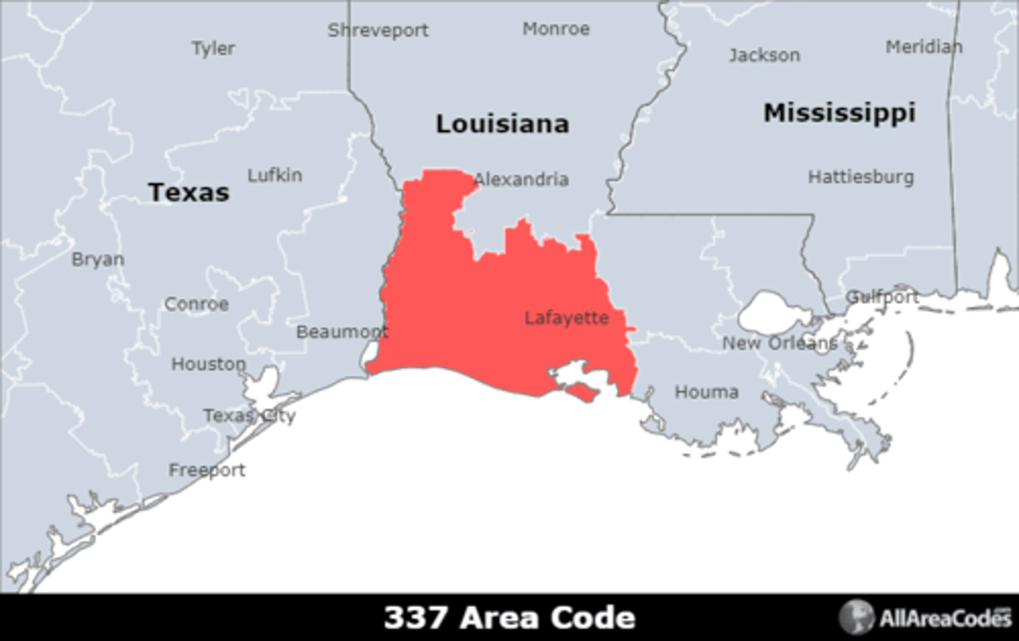 <p>Area code 337 is located in southwestern Louisiana and covers Lafayette, Lake Charles, and New Iberia. It is the only area code that serves the area.</p>