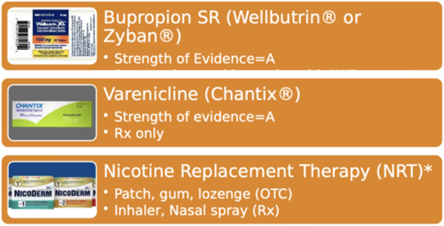 <p>- buproprion SR (wellbutrin or zyban)</p><p>- Varenicline Rx only (chantix)</p><p>- NRT (OTC: patch, gum, lozenge. RX: inhaler, nasal spray)</p>