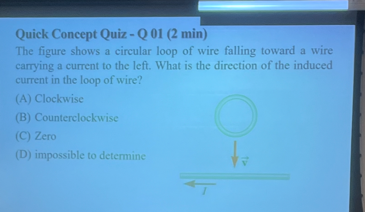<p>The figure shows a circular loop of wire falling toward a wire carrying a current to the left. What is the direction of the induced current in the loop of wire?</p>