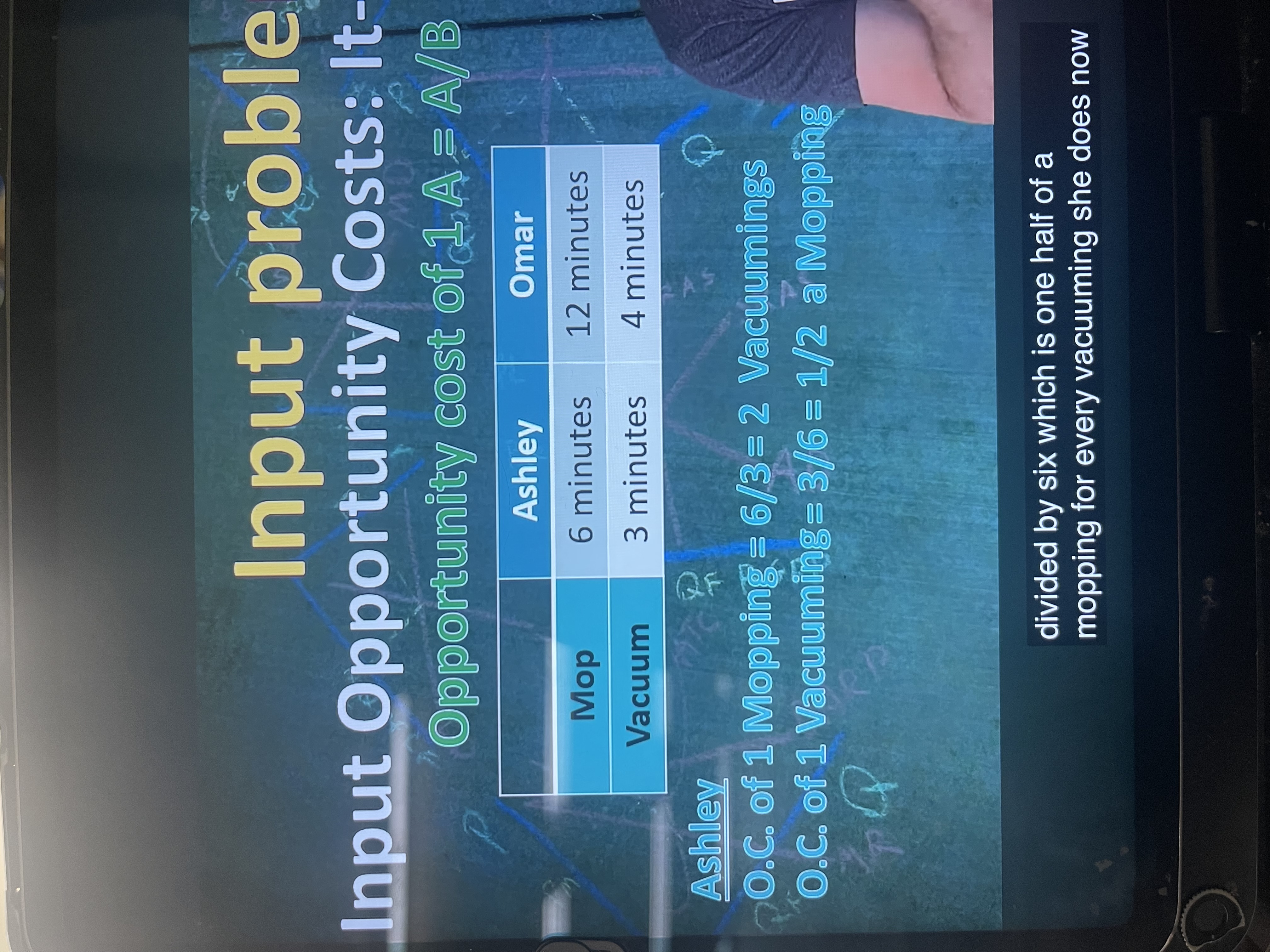 <p>when the variables are inputs of things that go into the production of a good/service (like time) the formula for the opportunity cost is <strong>good A = good A/ good B</strong></p>