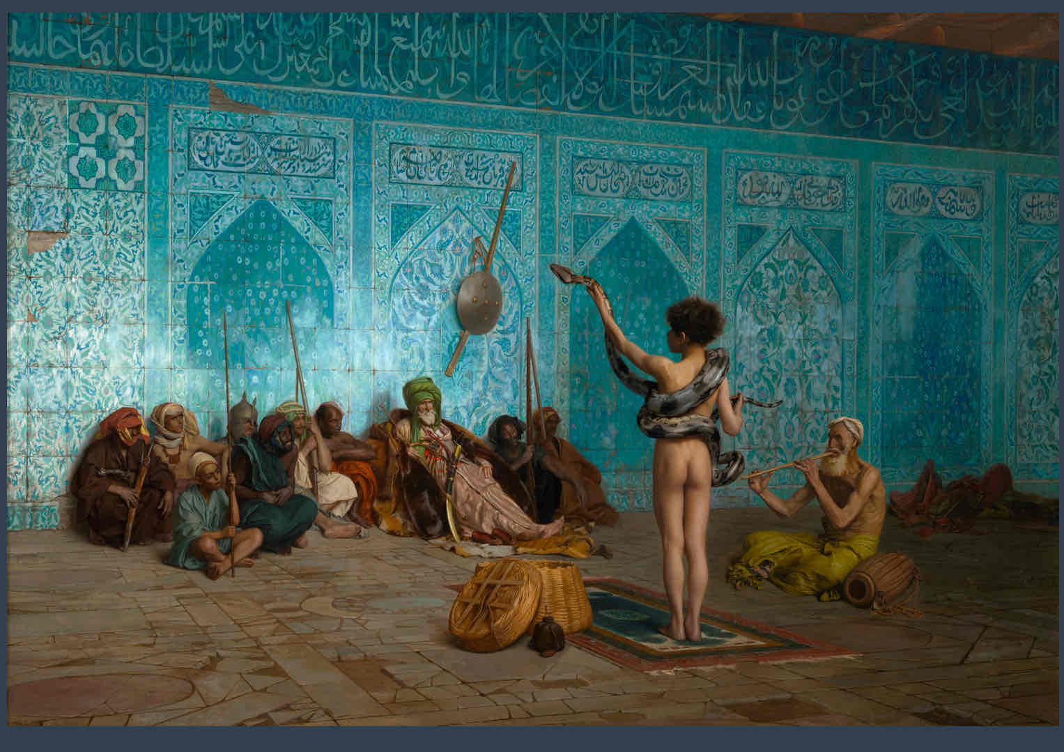 <p>Embodies the Orientalist perspective prevalent during the late 19th century, as evidenced by its portrayal of exoticism and cultural otherness. This painting aligns with themes of Orientalist logic in presenting the world as an exhibition, as depicted through the lens of European colonial dominance.</p><p>The ornamentations on the walls hint at the former glory of the East, now in a state of neglect and decay</p>