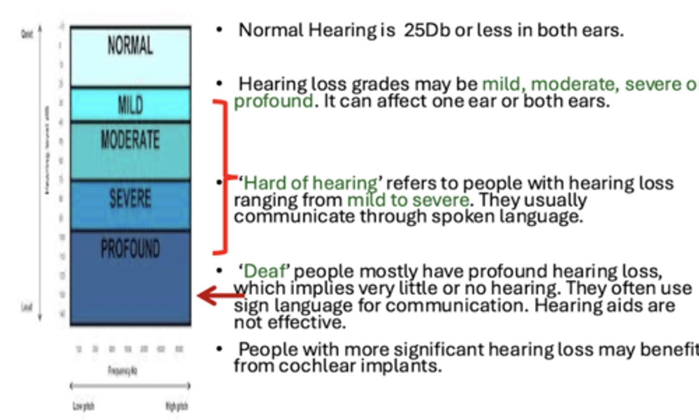<p>- Normal hearing: 25Db or less in both ears </p><p>- Hearing loss grades: mild, moderate, severe, or profound </p><p>- Hard of hearing: people with hearing loss in range from mild to severe; usually communicate through spoken language</p><p>- Deaf: profound hearing loss; little or no hearing; often use sign language for communications, hearing aids are not effective </p>