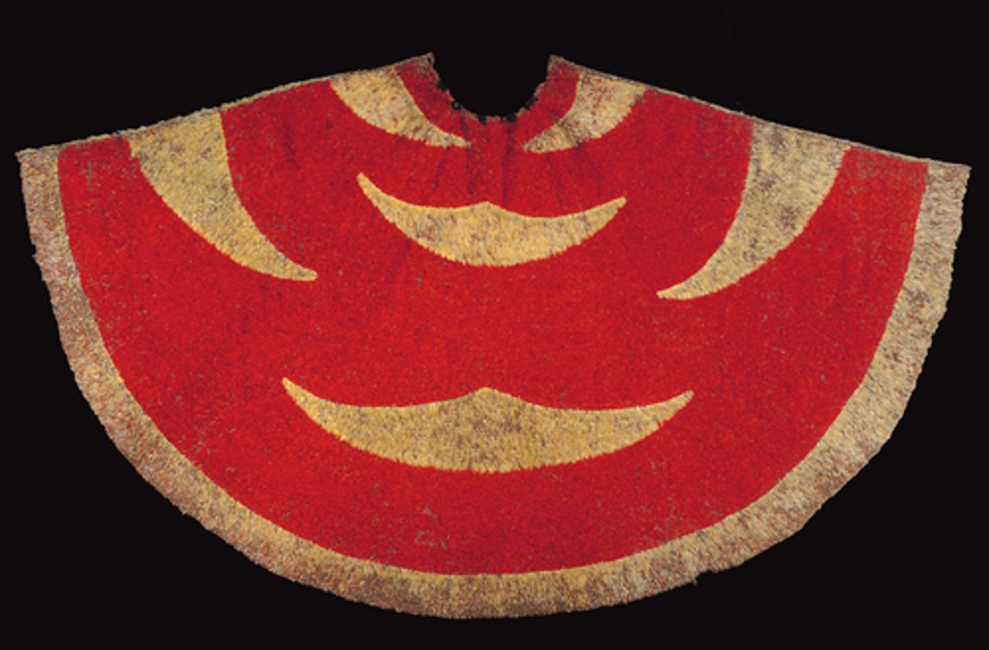 <p></p><p></p><p>M: feathers and fibers; made of 500,00 feathers and each bird only gives off 7 feathers; 'i'iwi bird=red feathers; 'o'o bird= yellow and black feathers</p><p>S: semi-circular cape is considered a later development of the trapezoidal shape</p><p>T: intensive labor it takes to make this; made by attaching thousands of small bundles of feathers to a base netting, made in straight rows with pieces and were cut to form the desired shape; then tiny bundles of feathers were attached to the netting in overlapping rows starting at the lower edge</p><p>F: worn as a cape and it is supposed to protect one's mana (preventing people and spirits from reaching you); ceremonial and used in battle; part of aristocratic culture</p><p>C: they were used to assert chiefly power and maintain social control; its unique to Hawaiian culture; they traded 36 cloaks and brought them to England but they only saw them as exotic and weird instead of beautiful; people told stories about these cloaks being used or going through a battle; this was found on Captain Cook's last faithful voyage; men would wear these cloaks or capes</p><p>M: the capes were symbols of power and social standing in Hawaii; the red=gods and chiefs; yellow=gods and chiefs; asserts chiefly power; showed respect and it was given to people who had power; believed that Humans were offspring of God</p>