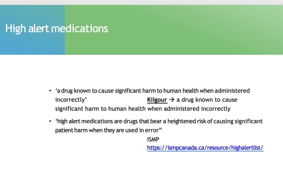 <p><span style="font-family: "Trebuchet MS";"><span>‘a </span><strong><span>drug known to </span><mark data-color="#fefeb6" style="background-color: rgb(254, 254, 182); color: inherit;"><span>cause significant harm to human health</span></mark></strong><mark data-color="#fefeb6" style="background-color: rgb(254, 254, 182); color: inherit;"><span> when administered incorrectly’</span></mark></span></p><p></p><p><span style="font-family: "Trebuchet MS";"><span>***high alert medications are drugs that </span><strong><span>bear a heightened risk of causing significant p</span></strong><span>atient harm when they are used in error”</span></span></p>