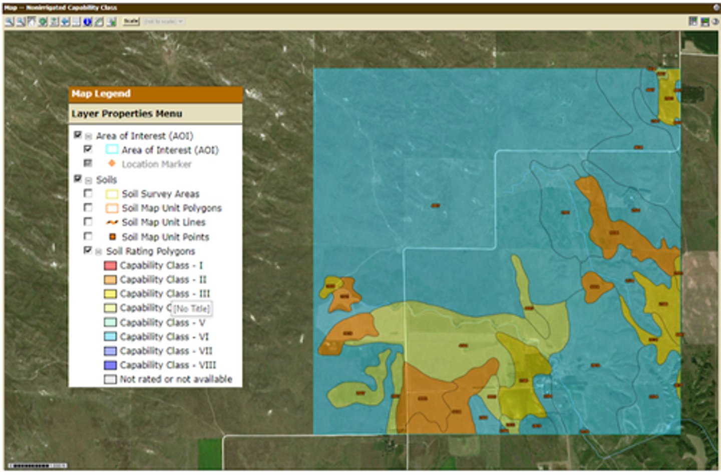 <p>The map below shows the land capability classification of soils in an area in central Nebraska. Based on the map above, what is the dominant land capability class for this area?</p><p>A. Class II</p><p>B. Cannot be determined</p><p>C. Class IV</p><p>D. Class VI</p><p>E. Class III</p>