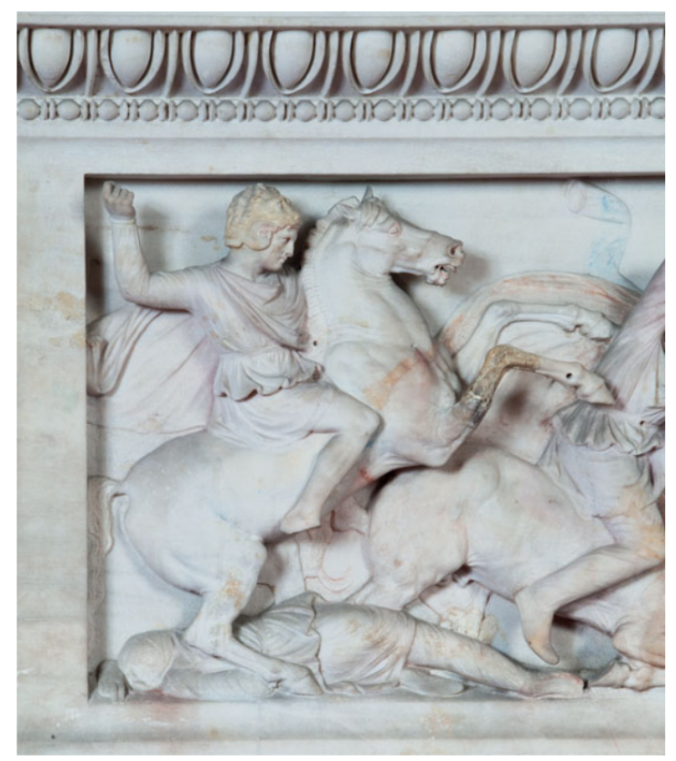 <p><u><span>Alexander Sarcophagus. Fourth Century. 400 - 300 BCE.</span></u></p><ul><li><p>NOT Alexander’s coffin, but made after his death</p></li><li><p>Temple-like work</p></li><li><p>Depicts Macedonians vs Persians</p></li><li><p>Engaged in lion hunt</p><ul><li><p>Lion in the middle chomping on horse</p></li></ul></li><li><p>Overhand chop beside lion (Tyranncides)</p><ul><li><p>Like Dexelias relief - horse rearing, spear to kill lion</p></li></ul></li></ul><ul><li><p>Alexander wears a lion hat > earliest 3-D portrait of him > imitating Hercules</p></li><li><p>Shows 4th century poses, dynamism, and theatricality</p><ul><li><p>More dynamic/force/energy: pulling head</p></li></ul></li></ul><p></p>