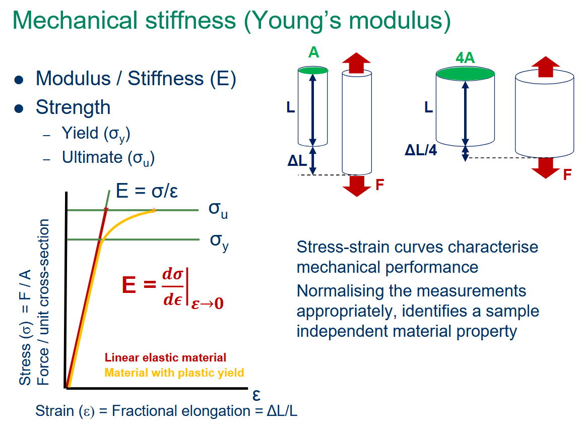 <p>Stress is measured as force over area and strain is measured as fractional change in length</p>