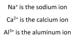 <p>adding ion to the name</p><p>nothing needs to be specified for the charge because in groups 1, 2, and 13 the charge is almost always +1, +2, +3 </p>