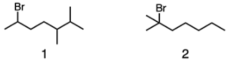 <p>Which compound is more likely to undergo elimination in the presence of methoxide?</p><p><span><strong>A.&nbsp;Compound 1</strong></span></p><p><span><strong>B.&nbsp;Compound 2</strong></span></p><p><span><strong>C.&nbsp;Both are equally likely to undergo elimination</strong></span></p><p><span><strong>D.&nbsp;Compound 1 due to a decreased change for substitution</strong></span></p><p><span><strong>E.&nbsp;Compound 2 due to hydrogen bonding</strong></span></p>