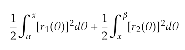 <ul><li><p>Find where graphs intersect (x)</p></li><li><p>Integrate first function from 𝛼 to the intersection point</p></li><li><p>Integrate second function from intersection point to 𝛽</p></li><li><p>Add the two resulting integrals</p></li><li><p>Use symmetry if necessary</p></li></ul>