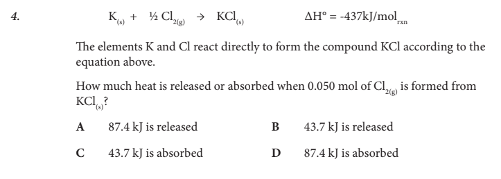 <p>How much heat is released or absorbed when 0.050 mol of Cl2(g) is formed from KCl(s)?</p>