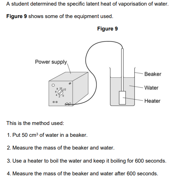 <p>Some thermal energy was transferred to the surroundings while the water was being heated.</p><p>Explain how this affected the student’s value for the specific latent heat of vaporisation of water. (2)</p>