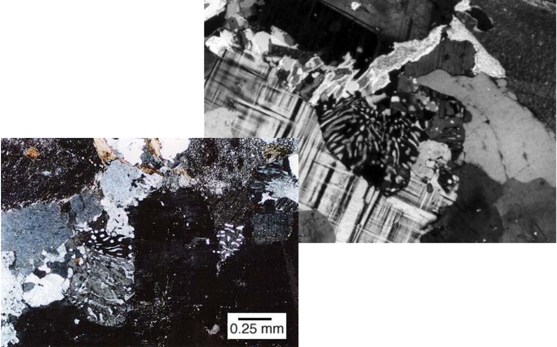 <p>intergrowth of quartz and plagioclase that shows small worm-like bodies of quartz enclosed in plag<br>found in granites, late stages of crystallization </p>