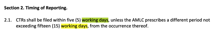 <p>a. Within a period of (5) five working days from the occurrence thereof </p>