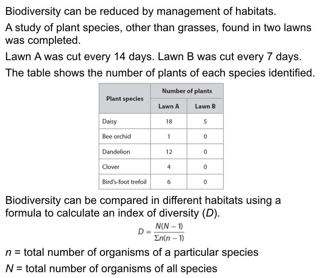 <p>Herbicides are sprayed on laws to kill unwanted plants. Explain how the diversity index for lawn A would change if herbicide was used on it.</p>