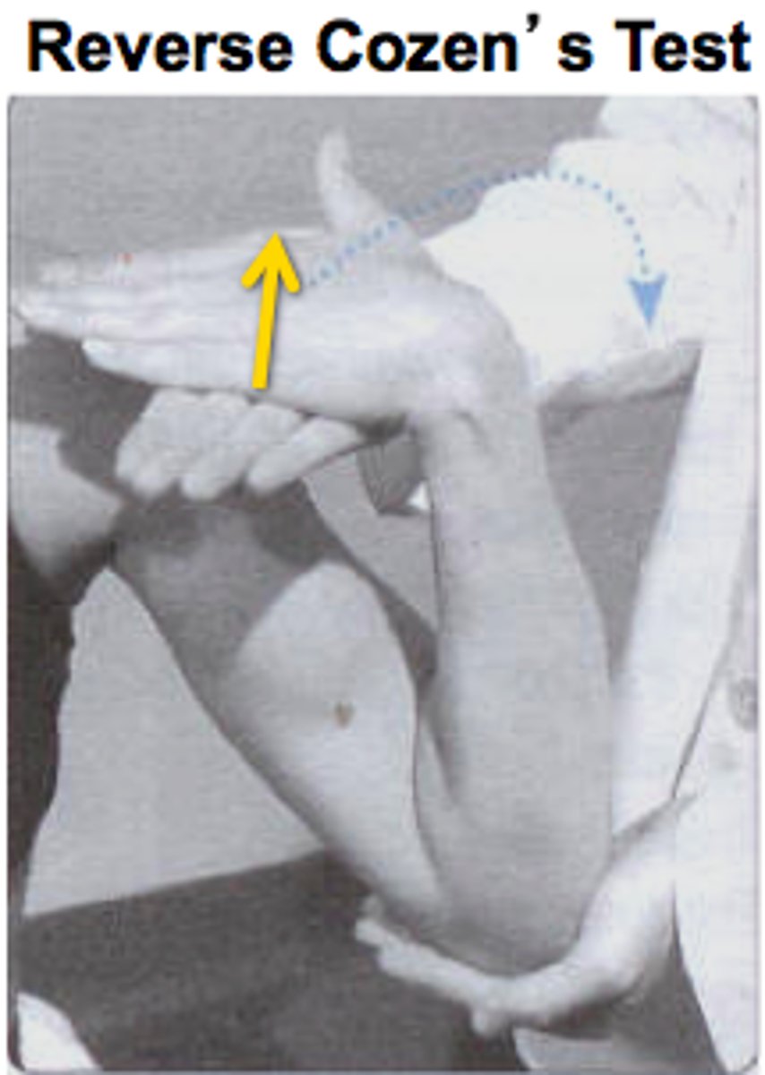 <p>Same except arm is supinated and doctor pulled on flexed wrist.</p><p>Positive: Pain in medial elbow->Medial Epicondylitis</p>