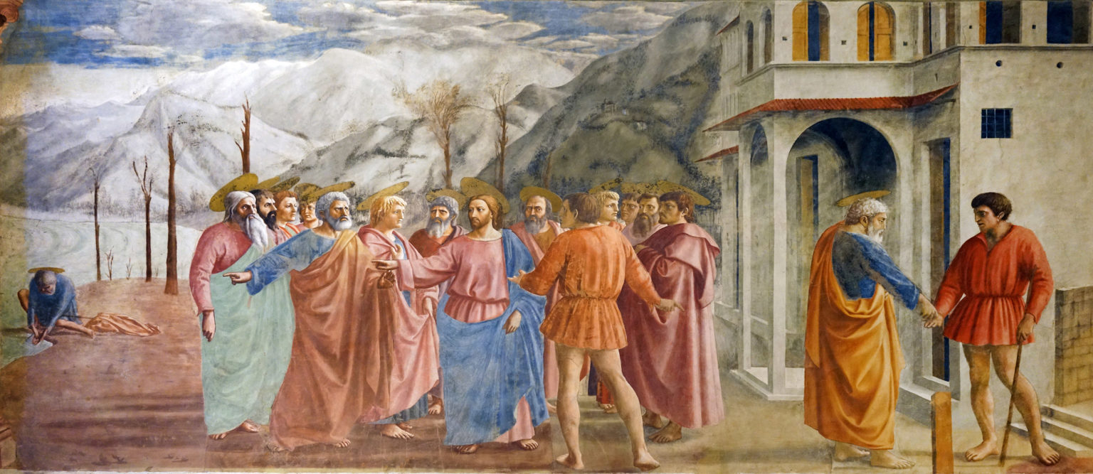 <p>Masaccio, Tribute Money, c. 1427, Brancacci Chapel in the Church of Santa Maria del Carmine in Florence</p><p></p><p>What are the piece’s form, function, content, and context?</p>