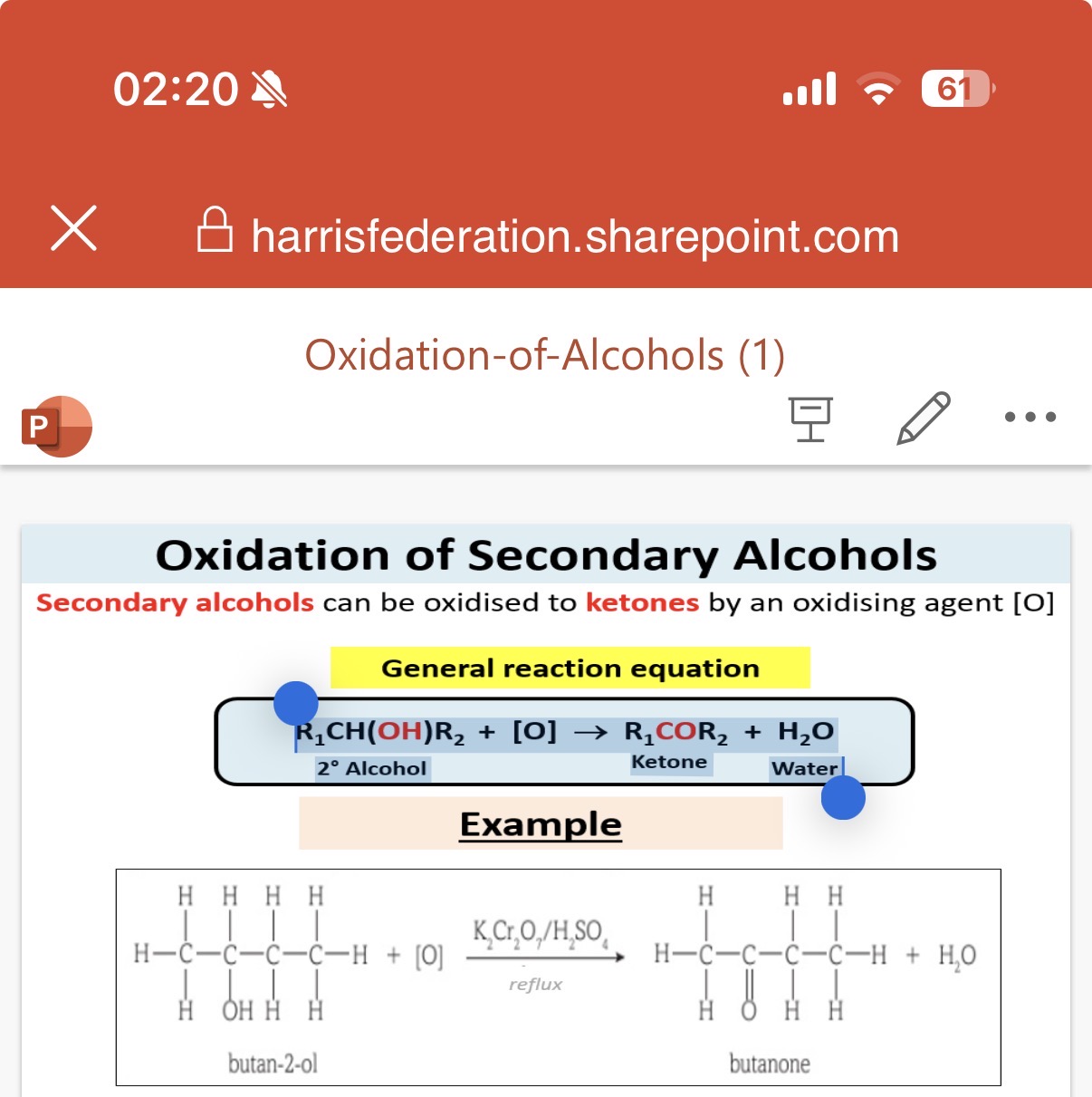 <p>Oxidation of secondary alcohols:</p><p>Secondary alcohols can be oxidised to …1? by an oxidising agent [O].</p><p>2.What is the general reaction equation for the oxidation of secondary alcohols?</p><ol start="3"><li><p>Explain why the only condition for this reaction is that the reaction mixture is heated under reflex?</p></li></ol><p></p><p>Oxidation of tertiary alcohols:</p><ol start="4"><li><p>Explain why tertiary alcohols are resistant to oxidation?</p></li></ol><p>Observations:</p><p>What colour changes do you see during an experiment when alcohols (primary or secondary) become oxidised?Explain why?</p>