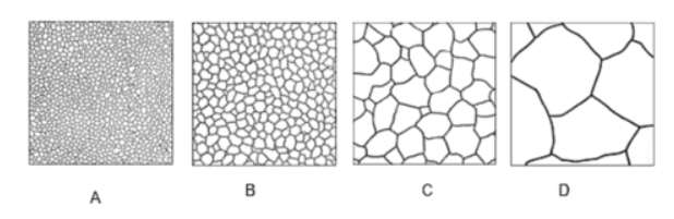 <p>The figures below depict hypothetical room-temperature random polycrystalline grain structures (at the same magnification) for the same single-component metal. Which of these structures is expected to provide the lowest yield stress?</p>