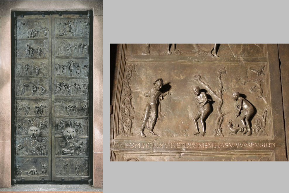 <ul><li><p>Commissioned by Bishop Bernward</p></li><li><p>Tells the story of Og sin & redemption, drawing parallels (typology) between old & new testaments</p></li></ul><p></p>